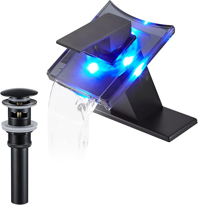 Bathroom Black Faucet Waterfall LED Glass Spout with Overflow Drain Stopper Single Handle One Hole Deck Mount Modern Designer Bath Basin Sink Tap 3 Color Changing Battery Powered Lavatory Vanity