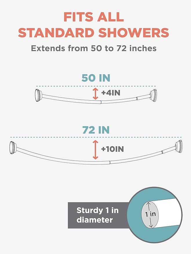 Zenna Home Rustproof Curved Shower Curtain Rod, No Drill Tension or Permanent Mount Adjustable Curved Shower Rod for Bathroom, Easy Install, Rounded for Extra Room, 50 to 72 Inches, Brushed Nickel