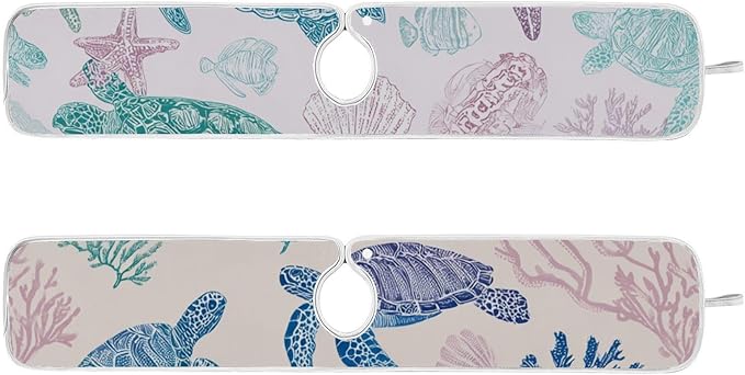 Sink Faucet Absorbing Mat Kitchen Sink Splash Guard Splash Faucet Drip Catcher for Bar RV Bathroom 2PCS 30x5.5in Line Turtles Starfish and Coral