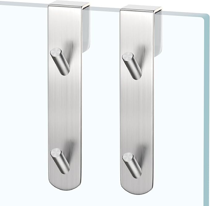 Shower Door Hook, Extended Length Frameless Shower Door Hook (7 Inches), Heavy-Duty Bathrobe Towel Stainless Steel Hook, No Drilling or Adhesive Required, 2-Pack, Silver