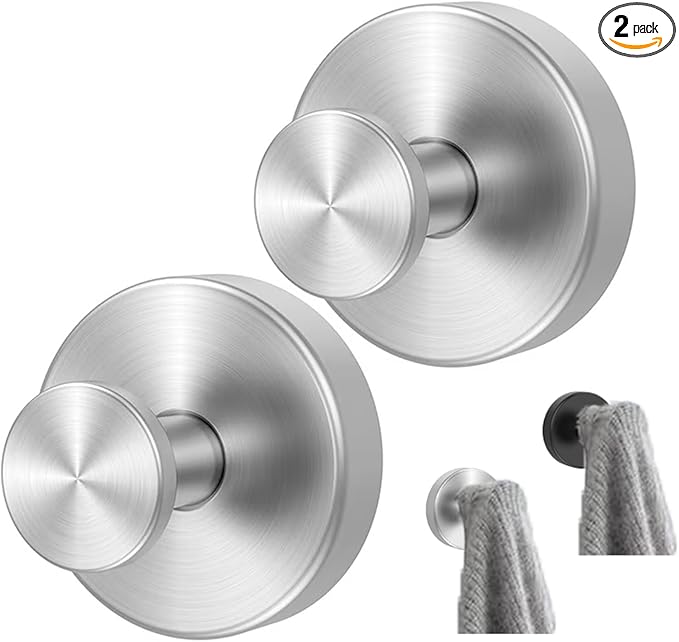 Suction Cup Towel Hooks for Bathroom – 2 Pack Removable Wall Hooks, Brushed Nickel, Waterproof & Rustproof, Holds up to 15 lbs, for Shower, Kitchen, Glass, Tile Surfaces (Brushed Nickel)
