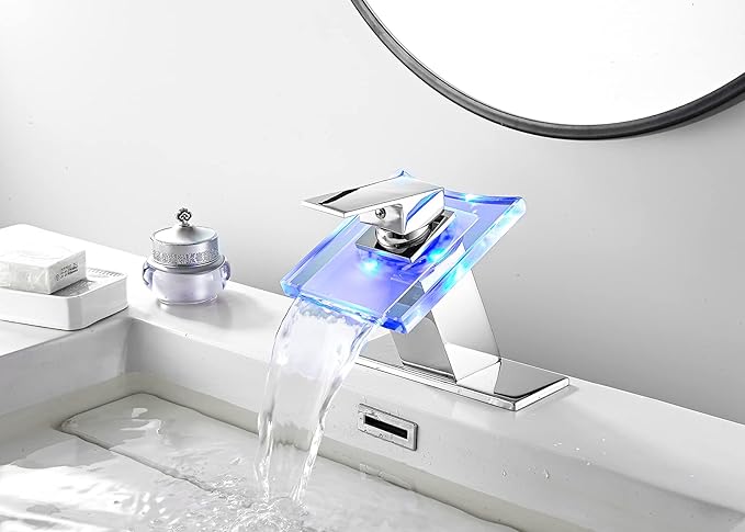 Bathroom Sink Faucet Waterfall Glass Spout LED Light 3 Colors Changing Hot and Cold Water Mixer Single Handle One Hole Deck Mounted Bathroom Faucet Lavatory Vanity Basin Tap Chrome