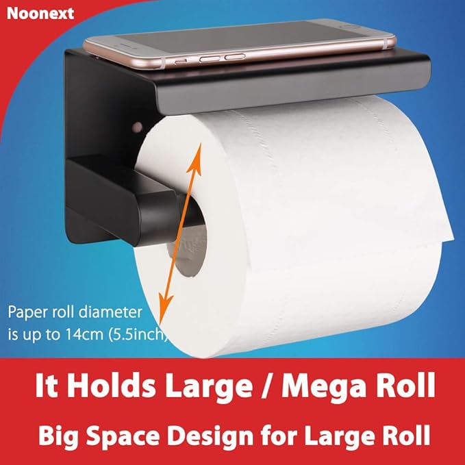 Matte Black Toilet Paper Holder Adhesive, Toilet Paper Roll Holder with Shelf, 3M Adhesive No Drill or Wall-Mounted with Screws for Bathroom & Kitchen