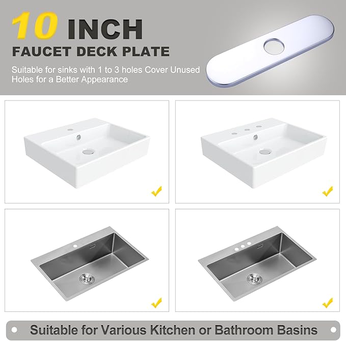 10" Sink Faucet Hole Cover Deck Plate (Arc Edge) for Kitchen & Bathroom Vanity Sink, Faucet Chrome Escutcheon Plate Stainless Steel Outside Faucet Cover Cap for 1 or 3 Hole Mixer Tap