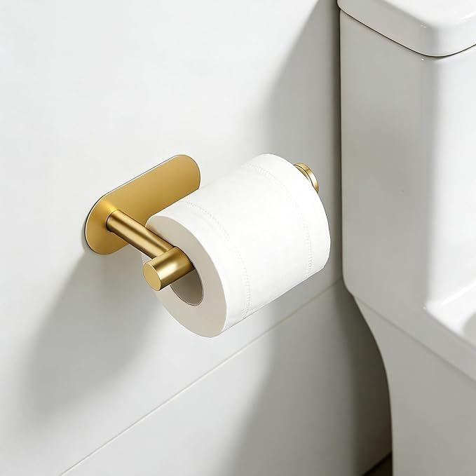 2 Packs Toilet Paper Holder No-Drill Self-Adhesive Towel Rack Stainless Steel Waterproof Rustproof Roll Paper Holder for Bathroom Washroom RVs (Gold)