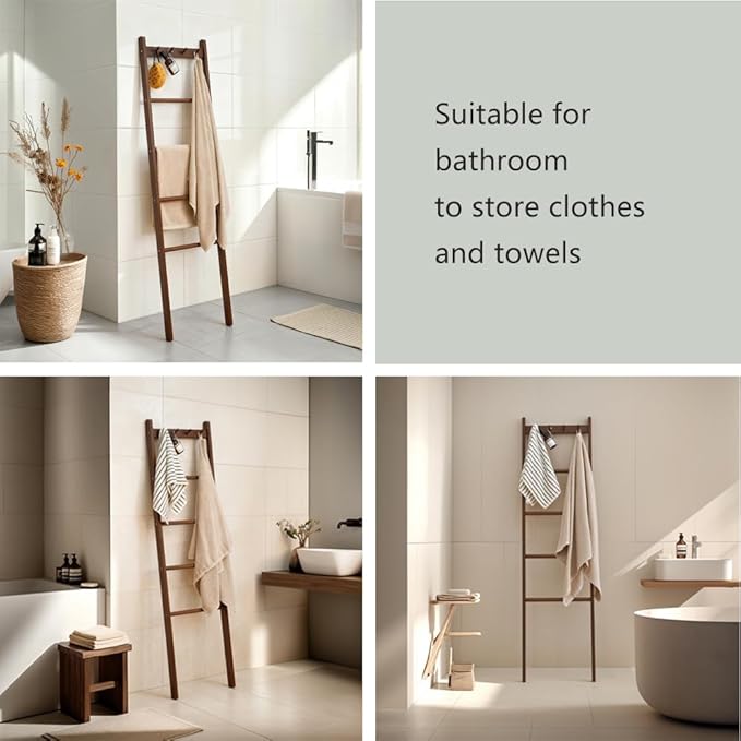 Beech Wood Blanket Ladder, 5.3ft Natural Farmhouse Quilt Holder with Top Hooks, 4-Bar Decorative Throw Rack, Towel Shelf for Living Room, Bedroom, Small Space Storage (Walunt)