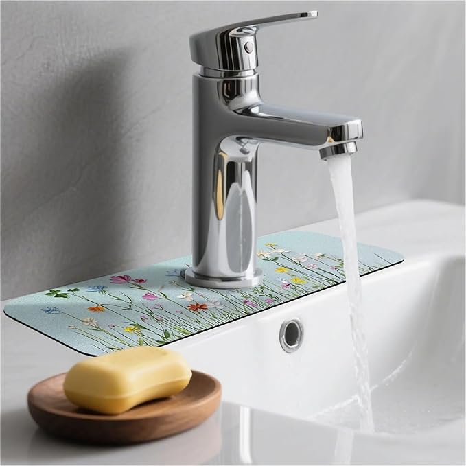 Kitchen Sink Splash Guard，Simple wildflowers Faucet Mat Sink Gadgets-Super Absorbent Fast Drying Mat Drip Catcher for Kitchen, Bathroom,Sink Mat, Dish Drying Mat, Bathroom(15" X 5.5" )