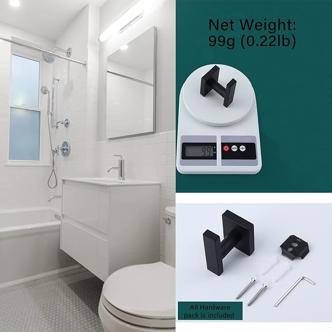 2PC Bath Towel Hook, Bathroom Lavatory Accessories Wall Mount Single Coat and Robe Hook SUS304 Stainless Steel, Matte Black Square (2PC)…