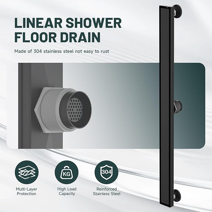 36-Inch Linear Shower Floor Drain, Stainless Steel Bathroom Floor Drains, Rectangular Shower Trench Floor Drain, Hair Strainer, Matte Black