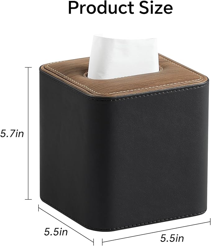 Tissue Box Cover Square, Modern PU Leather Tissue Holder with Magnetic Closure for Bathroom NightStands, Decorative Square Tissue Box Holder (Black)