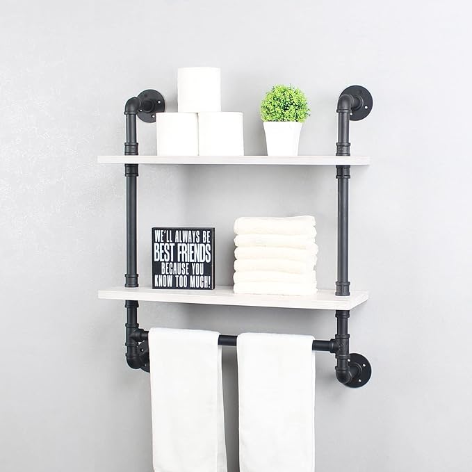 MBQQ Iron Pipe Shelves Industrial Bathroom Shelves with Towel bar,24in Rustic Metal Pipe Floating Shelves Pipe Wall Shelf,2 Tier Industrial Shelf Wall Mounted,Black & White