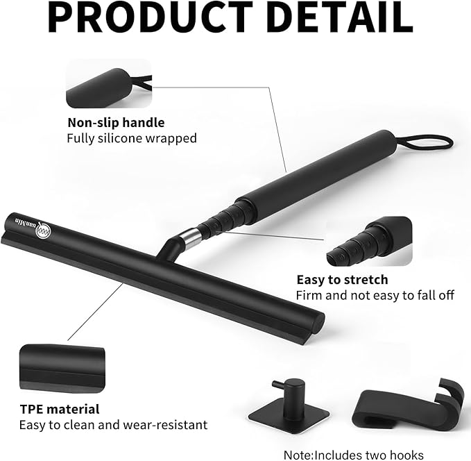 12 Inch Squeegee Shower Doors,Shower Squeegee with Long Handle,Extension Pole Squeegee, Bathroom Squiggy for Shower Glass,Car,Windshield, Doors,Up to 47 Inch,Black