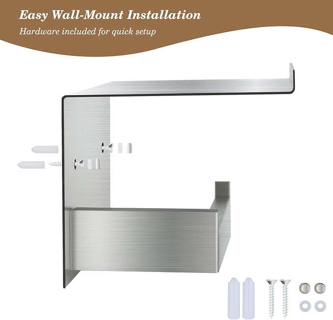 Wall Mounted Toilet Paper Holder with Shelf, Brushed Nickel Bathroom Tissue Roll Holder Storage Organizer for Phone, Book, Plant, Extra Roll, Easy Mount Hardware Included
