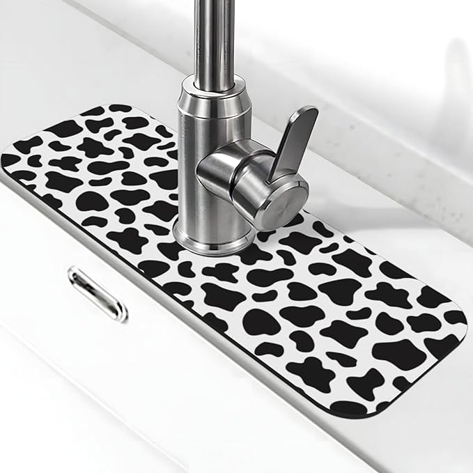 Cow Dalmatian Skin Print Black And White Kitchen Sink Splash Guard Faucet Mat Super Absorbent Fast Drying Mat Sink Gadgets-Fast Drying Pad Sink Mat For Kitchen Bathroom (15" X 5.5" )
