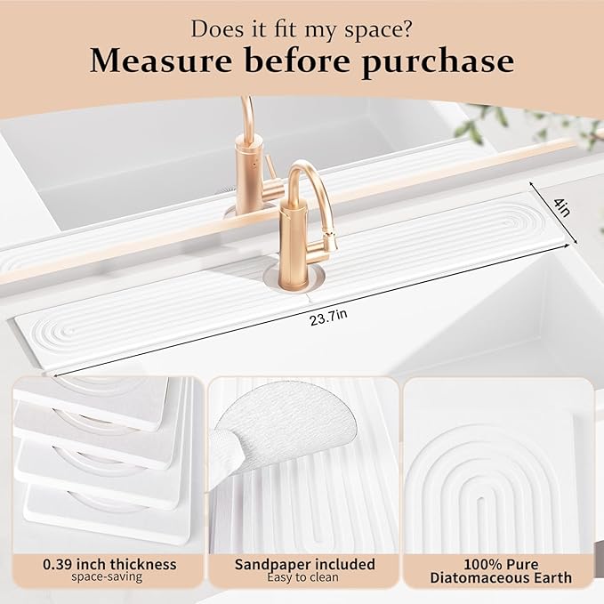 Faucet Mat for Kitchen Sink, Super Absorbent Diatomite Fast Drying Stone, Sink Splash Guard and Bathroom Stone Tray, Stone Drying Mat for Counter (White, 23.7" x 4")