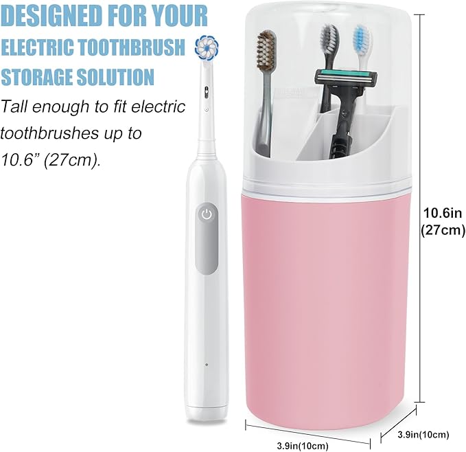 Tall Electric Toothbrush Holder with Cover, 10.6" Dust Proof Bathroom Caddy Fits Adults Electric Toothbrushes, Toothpaste, Wall Mount or Countertop Organizer with Removable Dividers, 4 Slots (Pink)