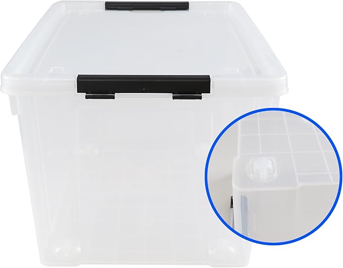 Drephia 4 Pack Clear Latch Storage Bin with Lid and Wheels, 50 L Large Plastic Storage Container Box