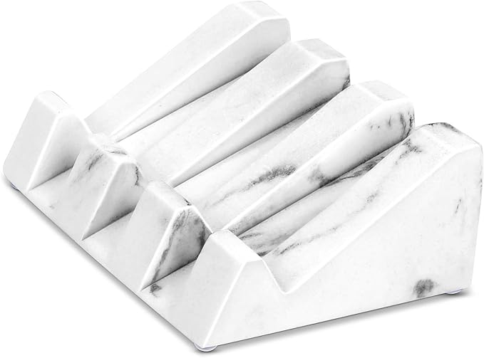 Morelax White Marble Soap Dish with Drain Bar Soap Holder Self Draining Soap Saver Tray Easy Clean Modern Bathroom Accessories Decor Soap Dishes Bar for Shower Bathroom Slanted Waterfall