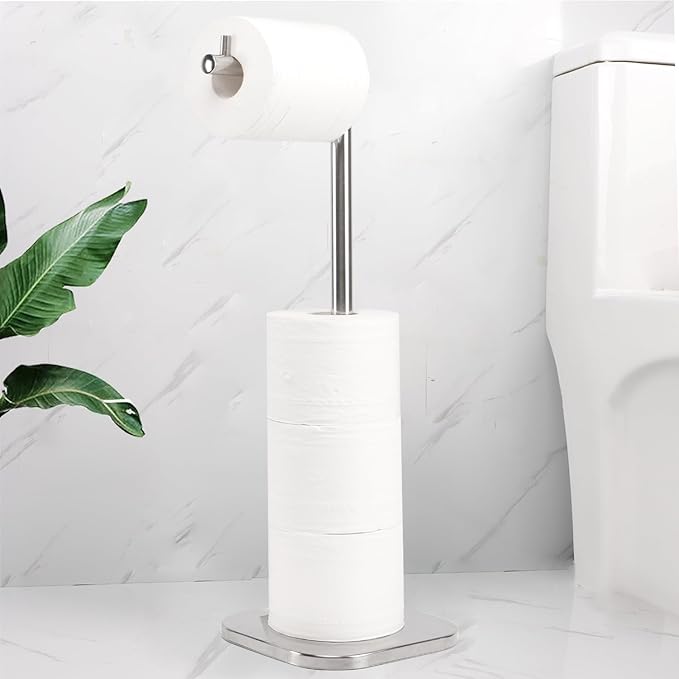 Toilet Paper Holder Stand, Free Standing Tissue Paper Storage for Bathroom, Stainless Steel Toilet Paper Stand with Reserve for 5Roll Weighted Base Bathroom Toilet Roll Holder(Brushed Nickel)