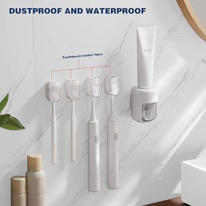 Toothbrush Holder 4-Pack, Dustproof Electric Toothbrush Holder Wall Mounted Adhesive Toothbrush Heads Organizer for Bathroom, Family & Travel(No Drilling)