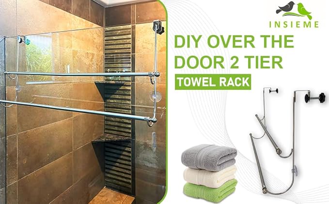 Insieme 29 x16 Inch Towel Rack for Over Glass Shower Wall or Glass Shower Enclosure (Frameless or Frames up to 1.6" Thick). Easy Do-It-Yourself Assembly - 2 Tier - Stainless Steel - No Rust