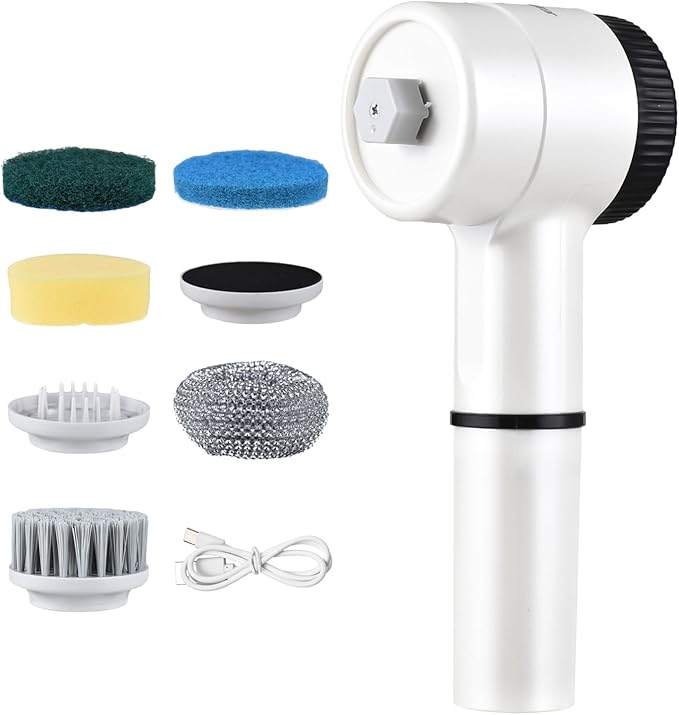 Irishom Electric Spin Scrubber with 5 Brush Heads, 3 Speeds Digital Display Handheld Cleaner for Kitchen, Bathroom, Pot, Pan (White)