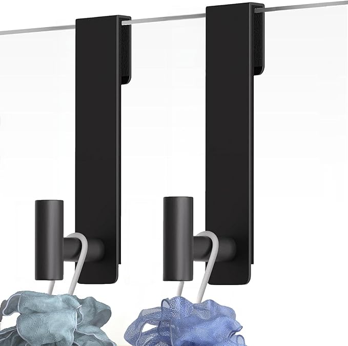 Shower Door Hooks, Heavy Duty Rack Hooks for Robe, Stainless Steel Towel Hooks for Bathroom, Fits Frameless Glass Shower Doors up to 3/8" (10mm) Thick (Black, 2 Pack)