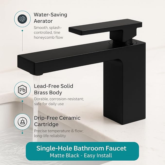 Single Hole Bathroom Faucet， Matte Black Brass Sink Faucet for Bathroom Vanity, CUPC Hose, Pop-Up Drain & Anti-Splash Bubbler，Easy-Install for Farmhouse, RV & Vanity