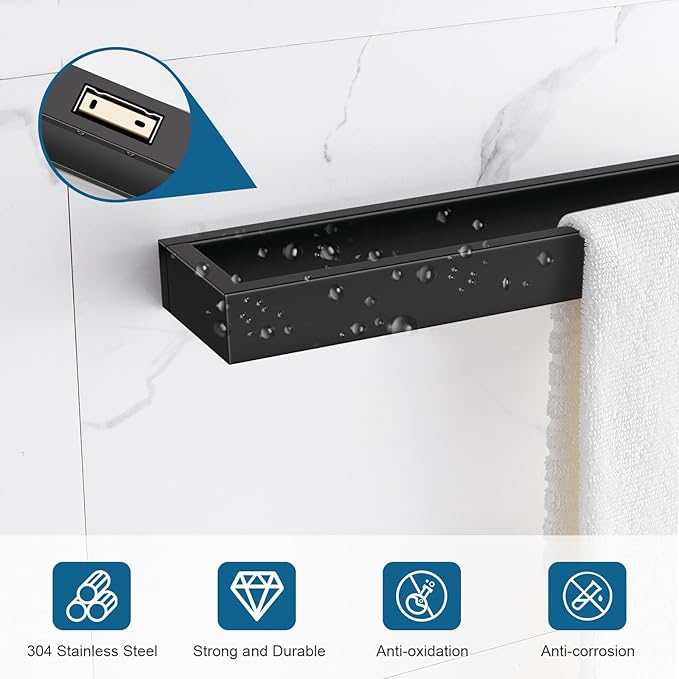 TNOMS Single Towel Bar Towel Holder Bathroom Hardware Accessories,Stainless Steel Wall-Mounted Towel Rack Towel Rail,24 Inches Matte Black