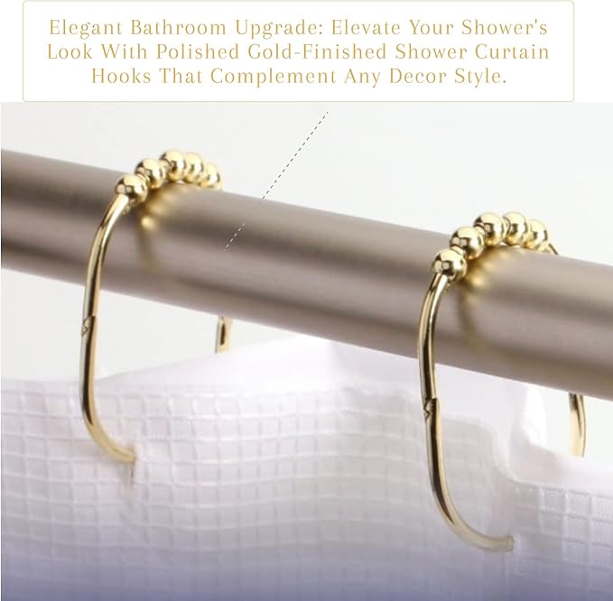 2 Lb. Depot Wide Shower Curtain Rings - Set of 12 Easy Glide Rollers with Decorative Gold Finish - Stainless Steel Shower Hooks for Straight and Curved Rods - Decorative and Durable for Any Bathroom