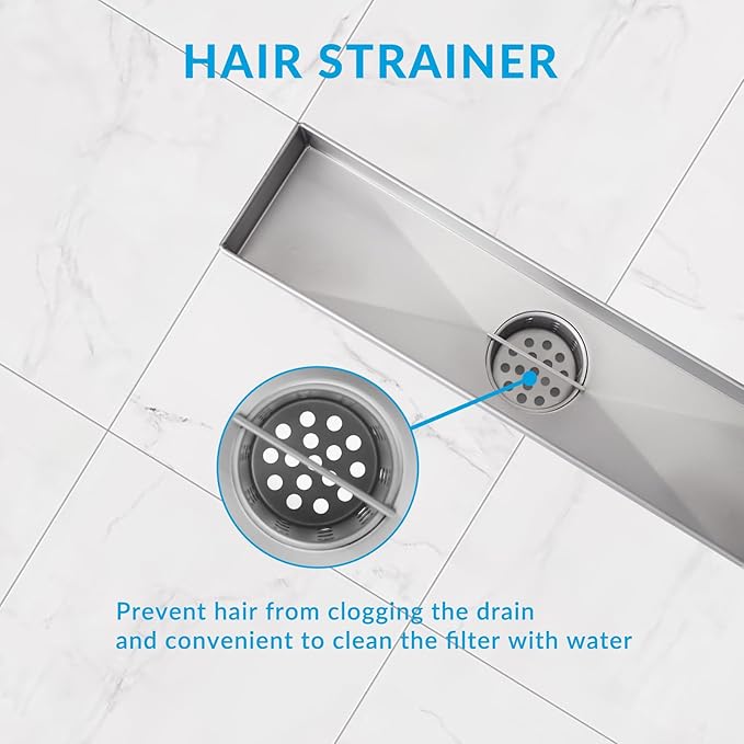 12 Inch Linear Shower Drain Silver Floor Drain for Bathroom Kitchen Rectangular 2 in 1 Floor Drain Tile Insert Cover 304 Stainless Steel Easy Install with Hair Strainer, Adjustable Leveling Feet