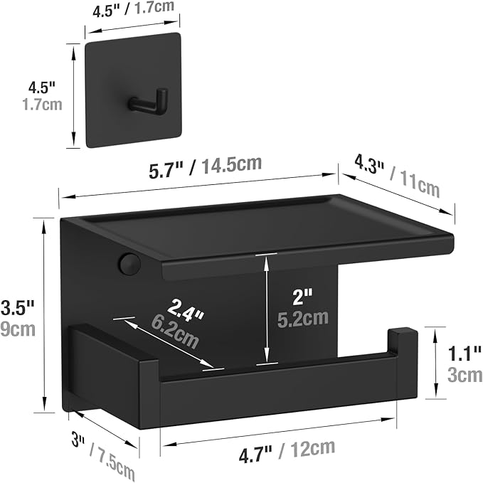 HITSLAM Matte Black Toilet Paper Holder with Shelf & 4 Towl Sticky Hooks, Self-Adhesive or Screw Mount Toilet Paper Roll Tissue Holder, SUS 304 Stainless Steel, Rustproof for RV& Bathroom Home