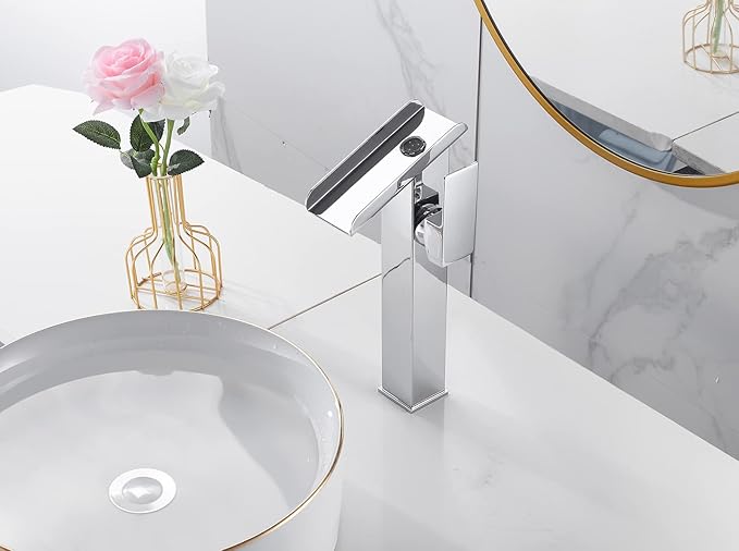Bathroom Vessel Sink Faucet Chrome Waterfall Single Handle One Hole Bathroom Faucets Tall Brass Vanity Lavatory Bowl Sink Modern Commercial Basin Mix Tap Deck Mount Water Supply Hose