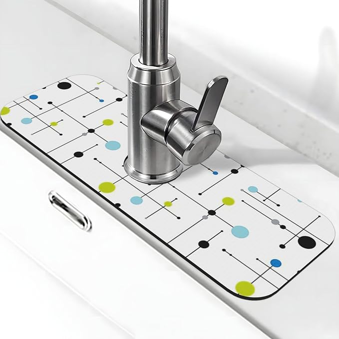 Atomic Mid Century Geometry Rustic Modern Black Kitchen Sink Splash Guard Faucet Mat 1 Pcs, Absorbent Fast Drying Mat Gadgets Splash Guard For Bathroom 15 X 5.5 Inches