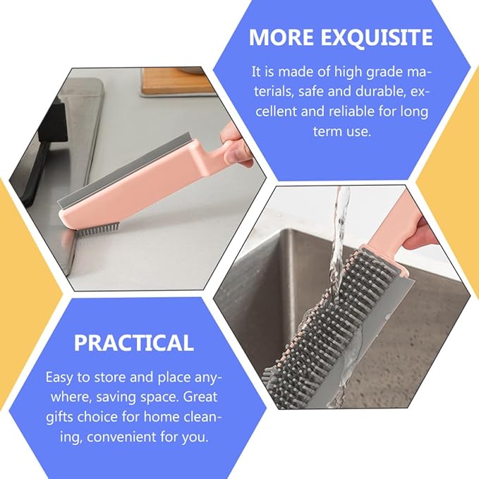 Multi-Function Cleaning Brush for Crevices and Floors, 3-in-1 Household Scrub Brush with Stiff Bristles, Pink Bathroom and Kitchen Floor Cleaner for Tile Grout and Countertops