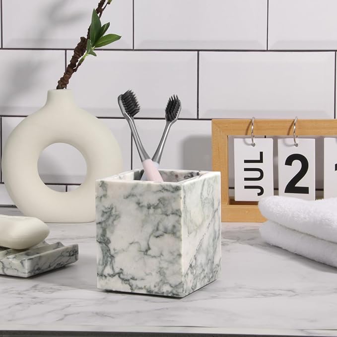 Natural Marble Toothbrush Holder for Bathroom Countertop (8.5x8.5x10cm) - Multifunctional Organizer for Makeup Brushes, Vanity Accessories & Utensils Sink (Green Texture)