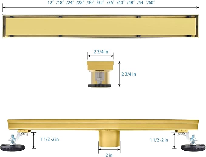 SaniteModar Linear Shower Drain, Gold Shower Drain 18 inch with Invisible 2 in 1 Tile Insert Panel, 304 Stainless Steel Brushed Gold Shower Drain with Hair Strainer and Leveling Feet