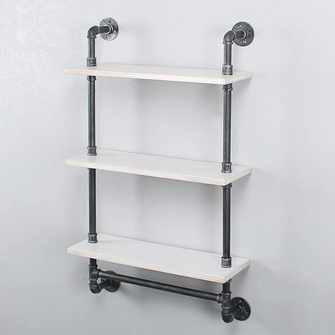 MBQQ Industrial Shelving,Bathroom Shelves with Towel bar,24in Rustic Metal Pipe Floating Shelves Pipe Wall Shelf,3 Tier Industrial Shelf Wall Mounted,Retro White