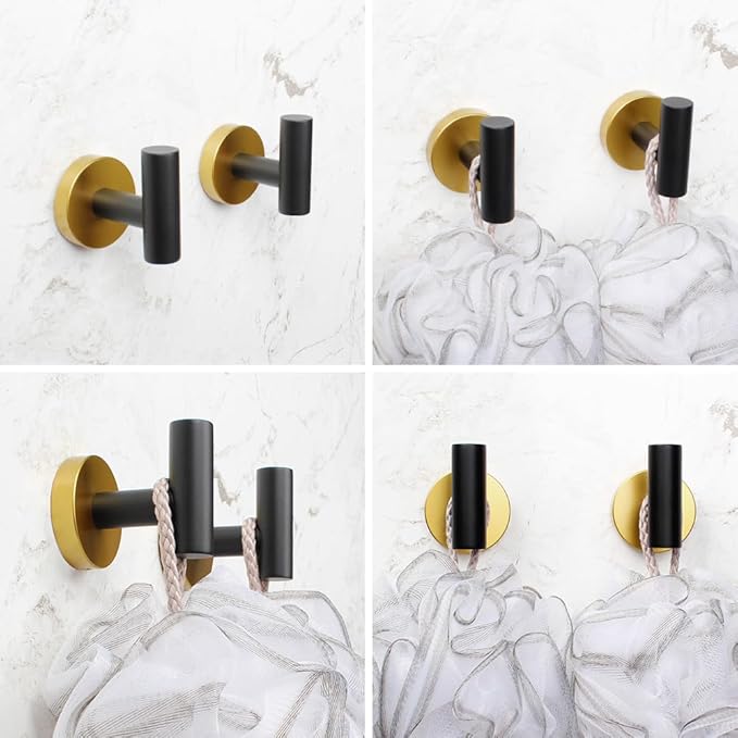 5-Pieces Bathroom Accessories Kit Black & Gold Wall Mounted - Includes 24" Double Towel Bar, 12" Hand Towel Bar, Toilet Paper Holder, 2X Robe Towel Hooks