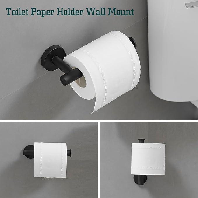 5Pcs Bathroom Hardware Set, Towel Racks for Bathroom Wall Mount, Stainless Steel Towel Bar Set with Toilet Paper Holder Hand Towel Holder Robe Hook Accessory Kit, Matte Black