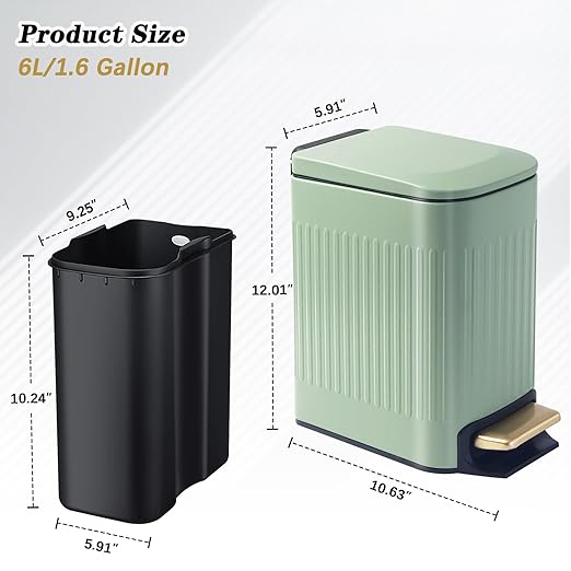 Soddeph Small Narrow Bathroom Trash Can with Lid Bathroom,1.6 Gallon Stainless Steel Wastebasket with Lid Soft Close,Slim Trash Can with Removable Inner Bucket for Toilet, Bedroom,Office (Green)