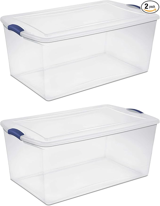 (2-PACK) 105 QT Plastic Transparent Storage Box, Equipped with a Blue Lock Mechanism, Stackable, Suitable for Household Items, Seasonal Clothing, Holiday Decorations and Garage Organization.