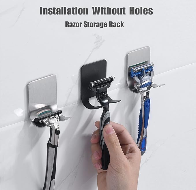 8 Pack Adhesive Hooks, 4 Pack Razor Holder for Shower and 4 Heavy Duty Waterproof Sticky Hooks for Hanging Towels, Loofah, Coat, Hat (Black)