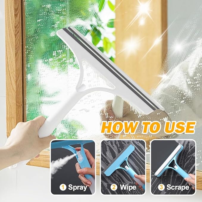 3 in 1 Window Cleaning Scraper, 2025 Upgraded Window Squeegee with Spray, Squeegee for Shower Glass, Glass Scraper All Purpose Window Cleaner Tool for Car, Home, Kitchen,Bathrooms Window (White)