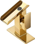 Bathroom Sink Faucet Gold Single Handle 1 or 3 Hole 4 Inch Waterfall Open Spout Bathroom Faucets Modern Brass Lavatory Bath RV Vanity Sink Faucets Basin Mixer Tap with Supply Line Cover Plate
