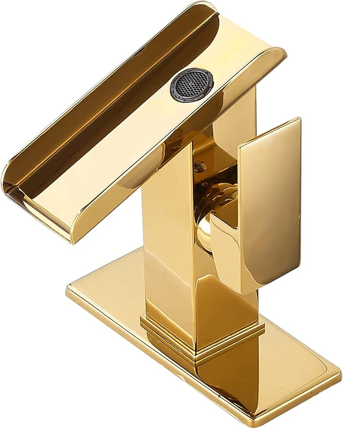 Bathroom Sink Faucet Gold Single Handle 1 or 3 Hole 4 Inch Waterfall Open Spout Bathroom Faucets Modern Brass Lavatory Bath RV Vanity Sink Faucets Basin Mixer Tap with Supply Line Cover Plate