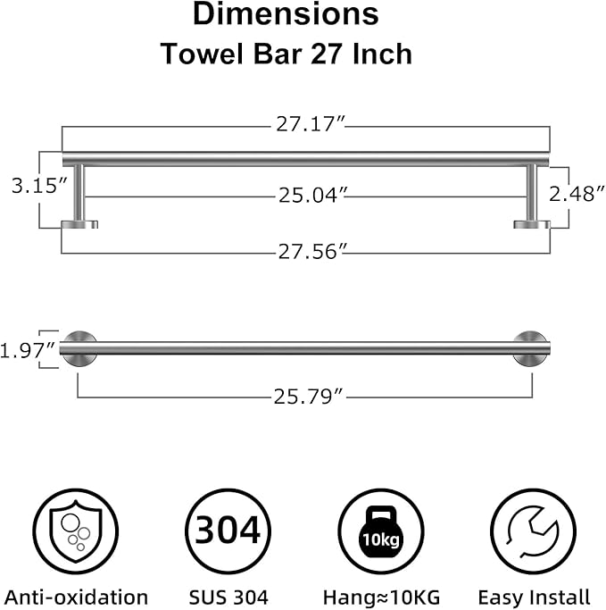 Bathroom Towel Bar, 27 Inch Towel Racks for Bathroom Wall Mounted, Heavy Duty Bathroom Towel Holder Organizer, Stainless Steel Home Towel Rod, Brushed Nickel