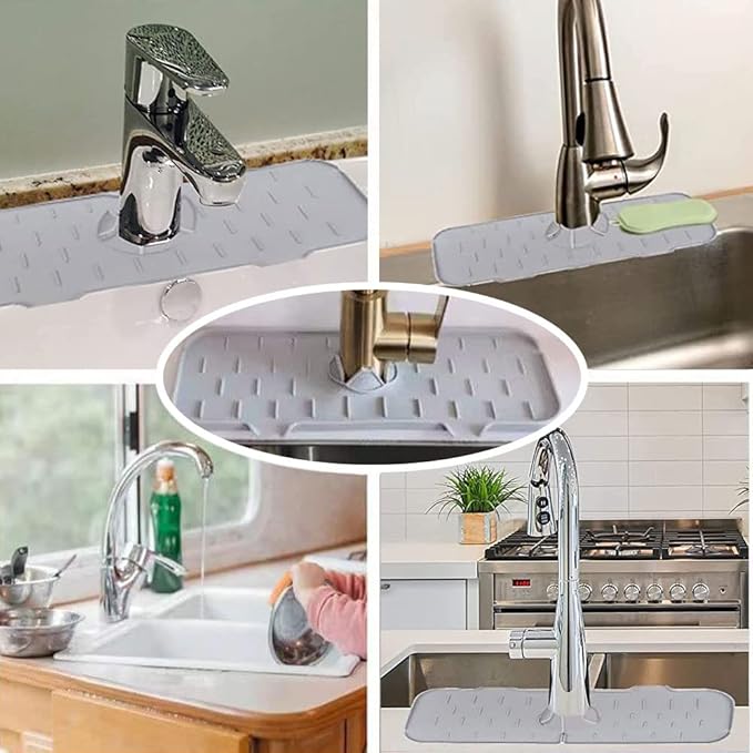 Silicone Faucet Sink Mat Sink Splash Guard, Sink Drain Pad Behind Faucet, Bathroom Drip Protector Splashback Countertop Protection Faucet Handle drip Catcher (Grey 2pcs)