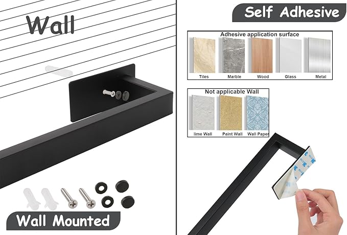5 Pieces Self Adhesive Bathroom Hardware Set-SUS304 Stainless Steel-Towel Rack Set Include 16″Towel Bar+Toilet Paper Holder+3 Towel/Robe Hooks Bathroom Accessory (Matte Black, 16 in)