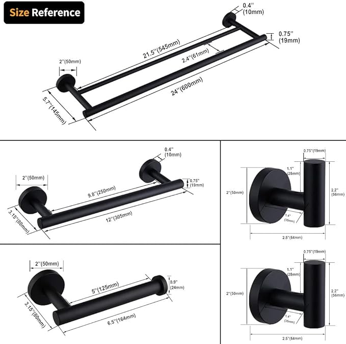 Matte Black Bathroom Accessories Kit 5-Pieces Bathroom Hardware Set Wall Mounted - Includes 24" Double Towel Bar, 12" Hand Towel Bar, Toilet Paper Holder, 2X Robe Towel Hooks …